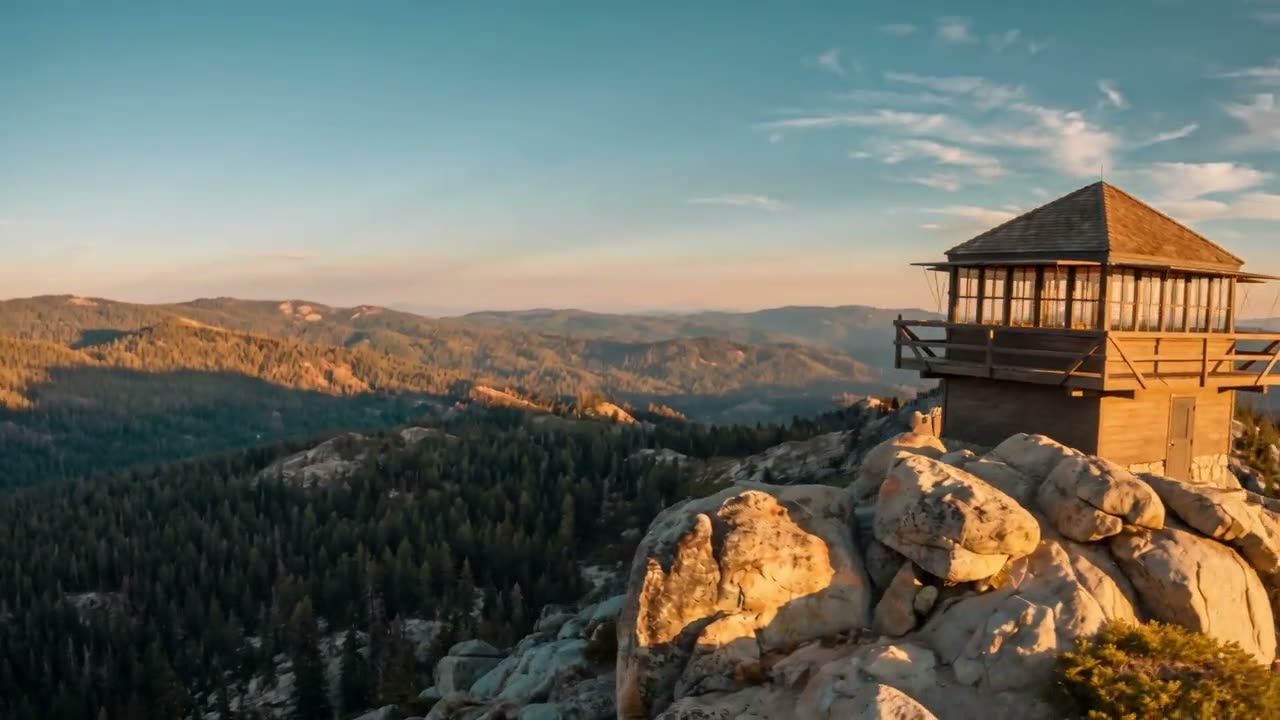 A fire lookout on a granite summit above a forested valley
